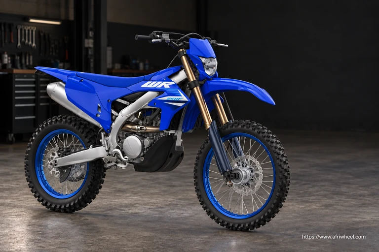 Yamaha WR250F in Icon Blue, front three-quarter view with headlight and blue spoked wheels