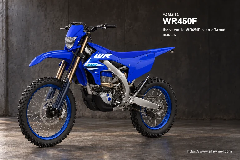 Yamaha WR450F in Icon Blue, full motorcycle front three-quarter hero with enduro headlight and wire wheels