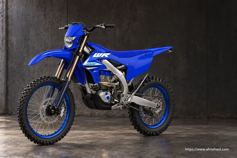 Yamaha WR450F in Icon Blue, full motorcycle front three-quarter hero with enduro headlight and wire wheels