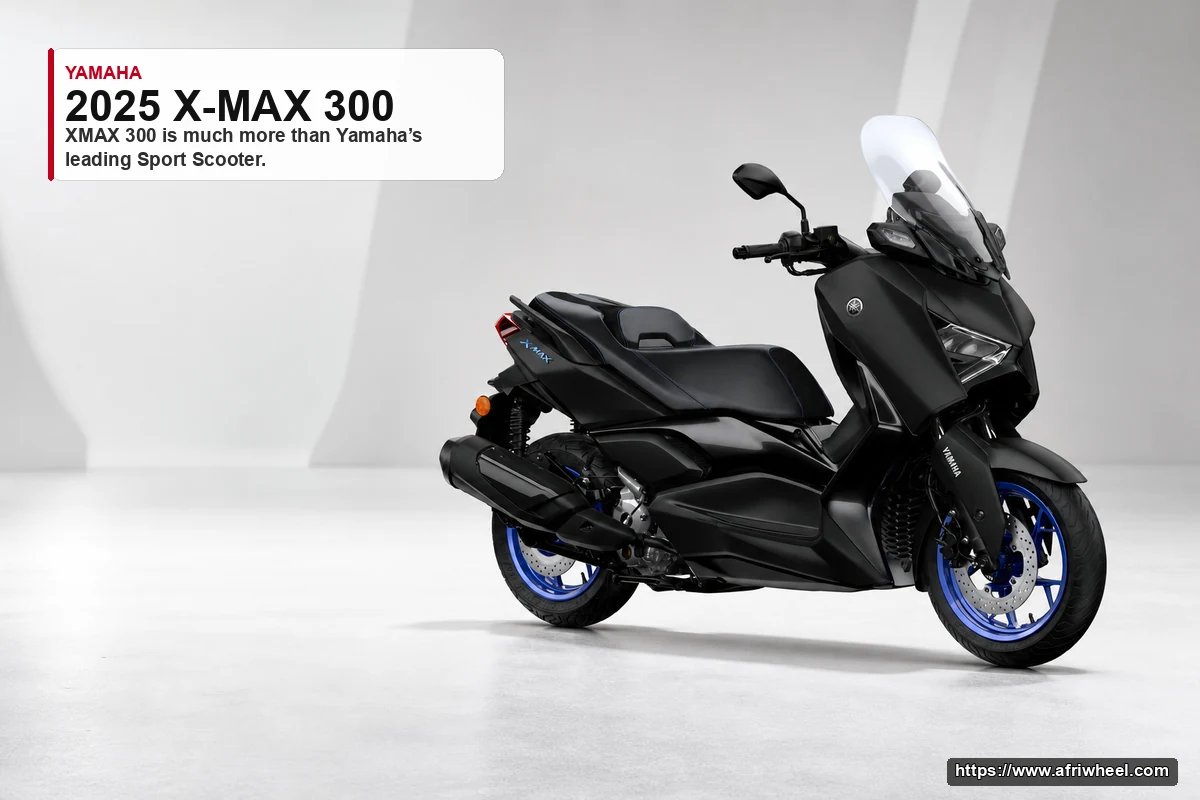 2025 X-MAX 300 in Black, front three-quarter view with blue wheels and tall windscreen
