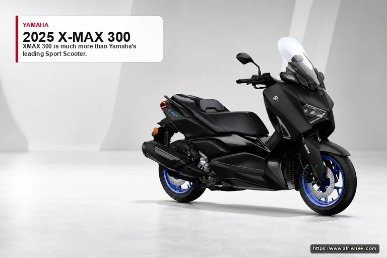 2025 X-MAX 300 in Black, front three-quarter view with blue wheels and tall windscreen