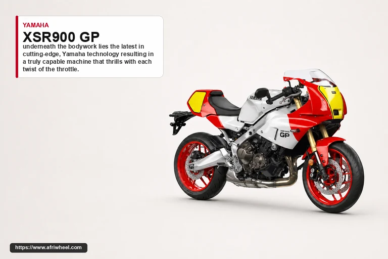 Yamaha XSR900 GP in Legend Red, front three-quarter studio view showing its GP-style fairing and red wheels