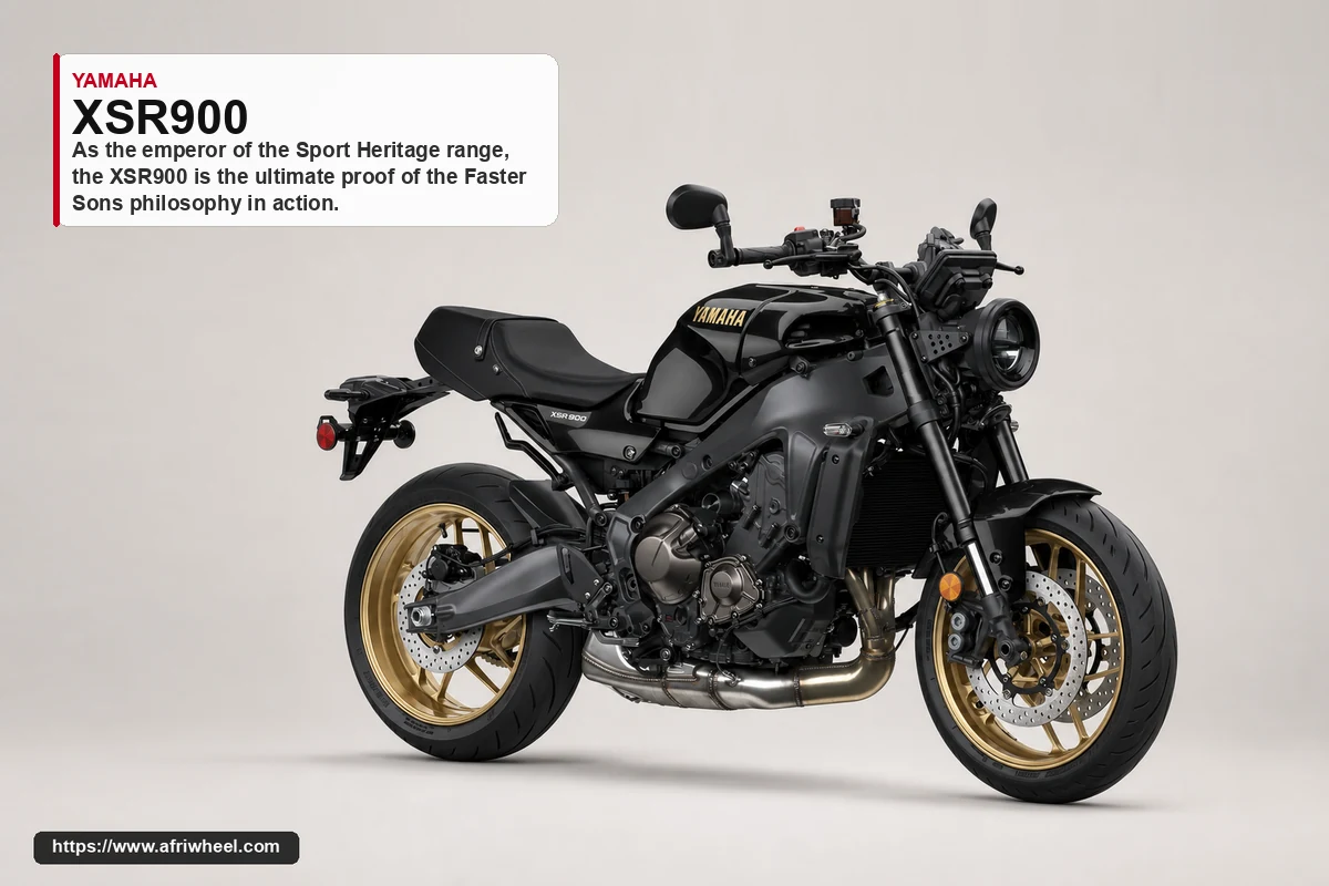 Yamaha XSR900 in Midnight Black, front three-quarter studio view with gold wheels