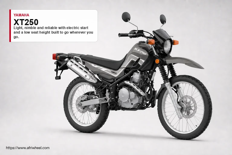 Yamaha XT250 in Sandy Beige, right front three-quarter studio view with wire-spoke wheels