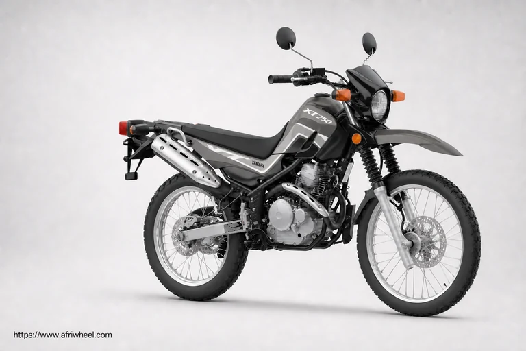 Yamaha XT250 in Sandy Beige, right front three-quarter studio view with wire-spoke wheels