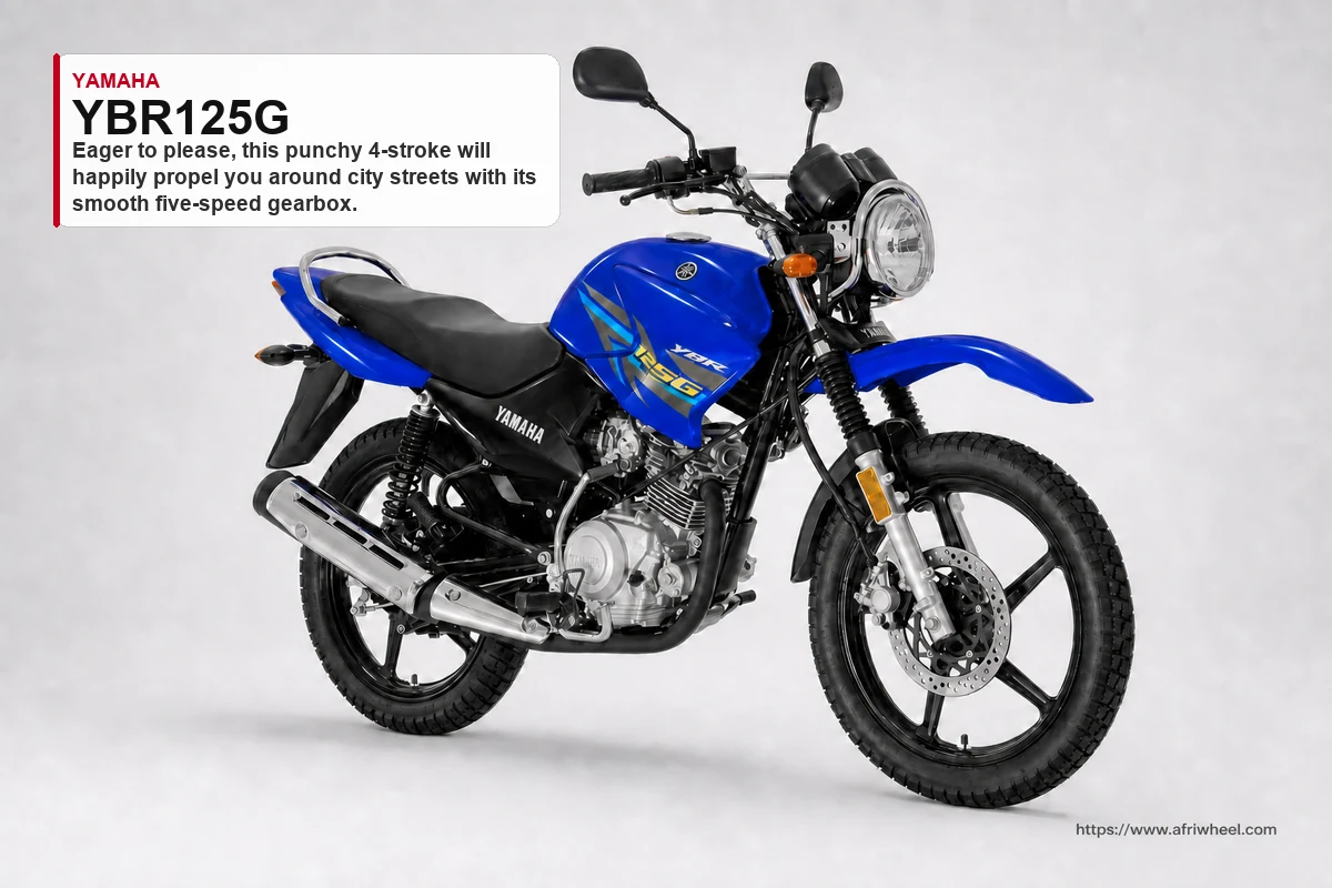 Yamaha YBR125G in Blue, front-right three-quarter standard motorcycle studio view