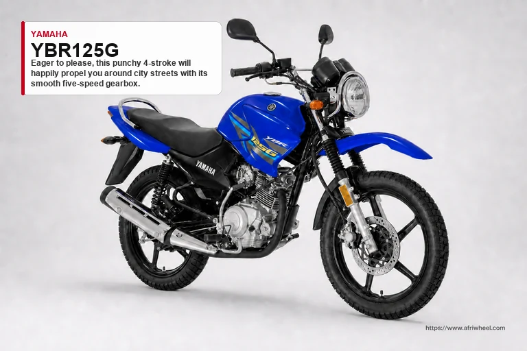 Yamaha YBR125G in Blue, front-right three-quarter standard motorcycle studio view