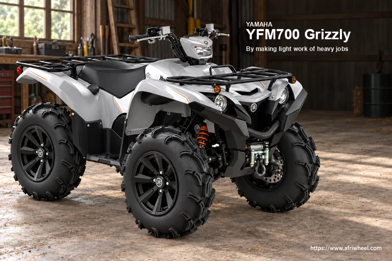 Yamaha YFM700 Grizzly in Matte Silver, complete front-right three-quarter utility ATV hero
