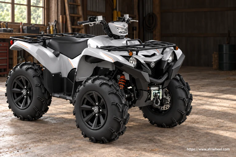 Yamaha YFM700 Grizzly in Matte Silver, complete front-right three-quarter utility ATV hero