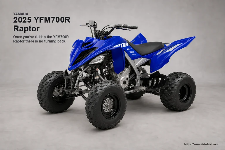 Yamaha 2025 YFM700R Raptor in Yamaha Blue, camera-real front-left three-quarter view