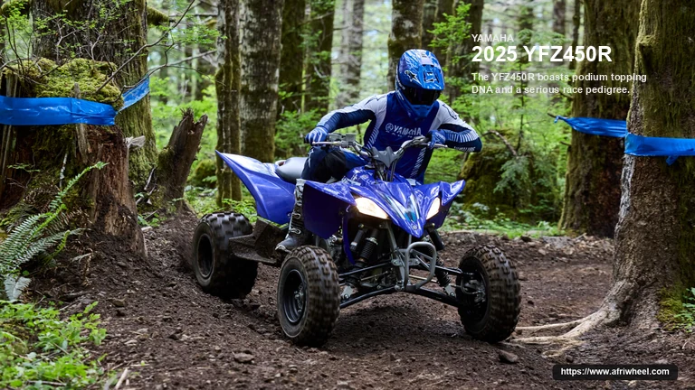 Yamaha 2025 YFZ450R in Yamaha Blue, front three-quarter racing action view