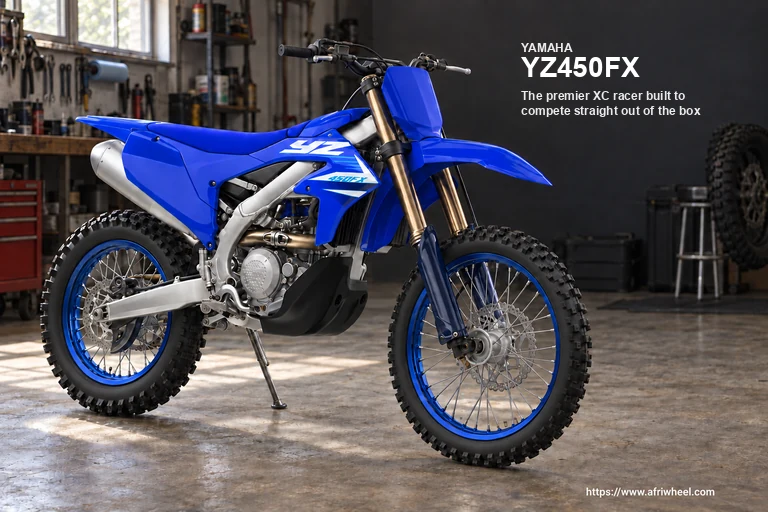 Yamaha YZ450FX in Team Yamaha Blue, complete front-right three-quarter cross-country motorcycle hero