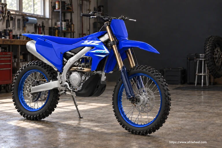 Yamaha YZ450FX in Team Yamaha Blue, complete front-right three-quarter cross-country motorcycle hero