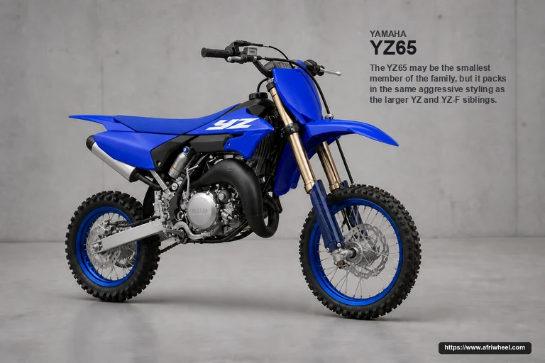 Yamaha YZ65 in Icon Blue, camera-real front-right three-quarter view