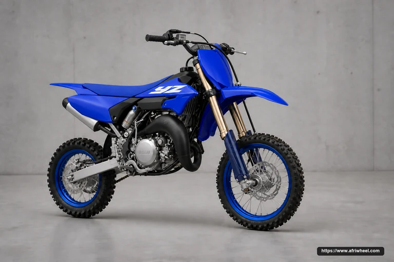 Yamaha YZ65 in Icon Blue, camera-real front-right three-quarter view