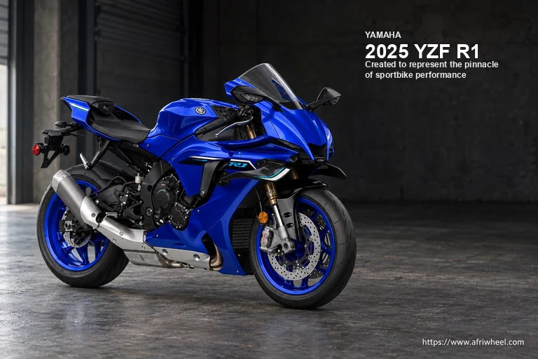 Yamaha 2025 YZF R1 in Icon Blue, complete front-right three-quarter motorcycle view