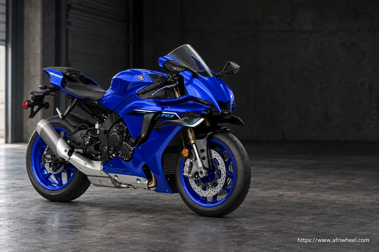 Yamaha 2025 YZF R1 in Icon Blue, complete front-right three-quarter motorcycle view