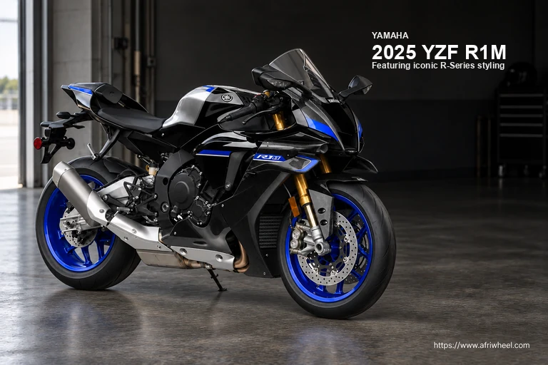 Yamaha 2025 YZF R1M in Carbon Fiber, complete front-right three-quarter motorcycle view