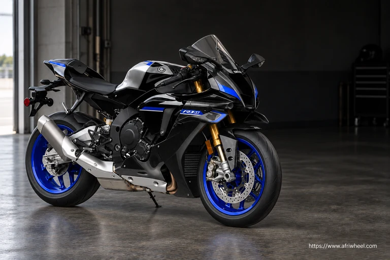 Yamaha 2025 YZF R1M in Carbon Fiber, complete front-right three-quarter motorcycle view