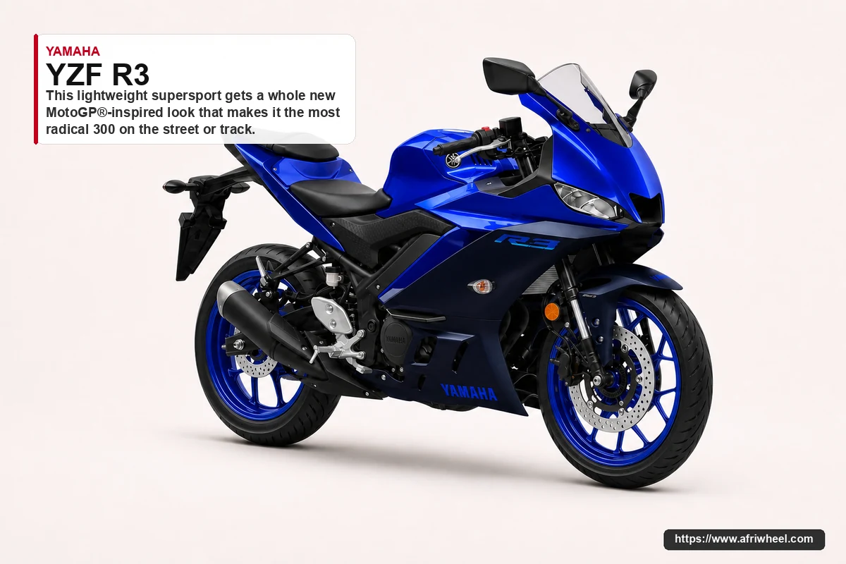 Yamaha YZF R3 in Blue, front three-quarter view showing fairing, twin headlights and ten-spoke wheels