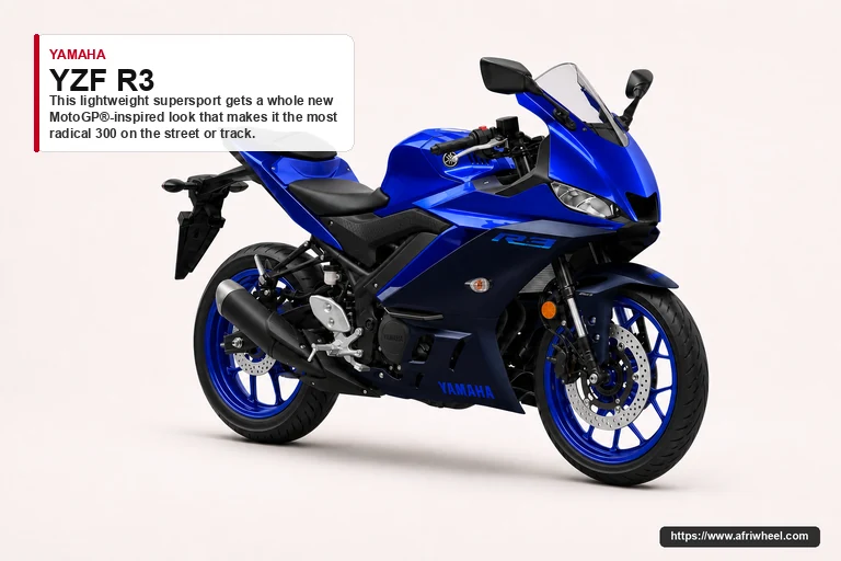Yamaha YZF R3 in Blue, front three-quarter view showing fairing, twin headlights and ten-spoke wheels
