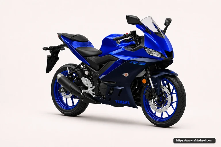 Yamaha YZF R3 in Blue, front three-quarter view showing fairing, twin headlights and ten-spoke wheels