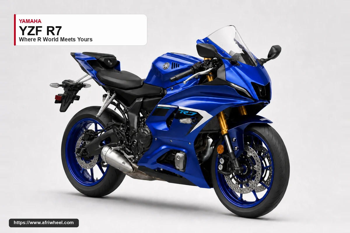 Yamaha YZF R7 in Icon Blue, front three-quarter studio view with blue wheels