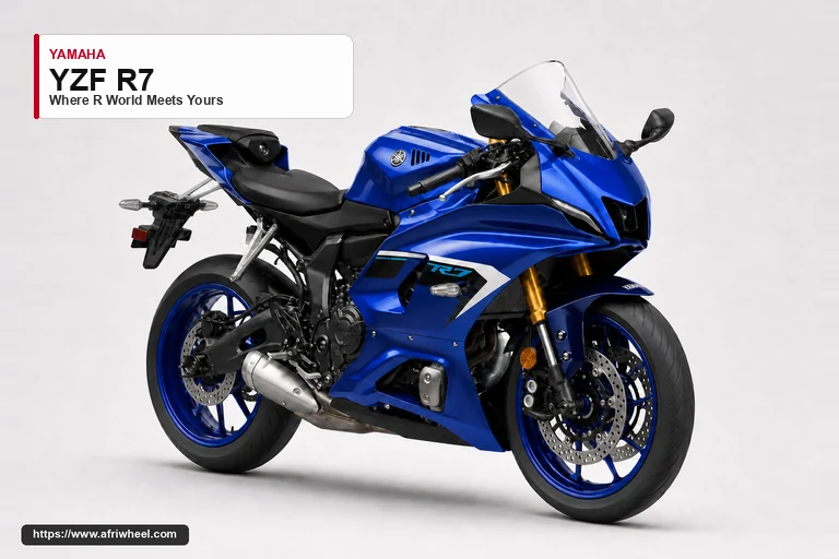 Yamaha YZF R7 in Icon Blue, front three-quarter studio view with blue wheels