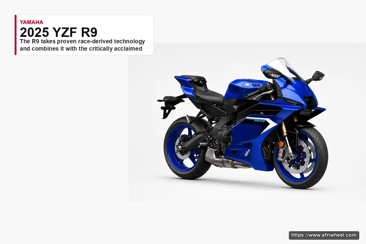 2025 YZF R9 in Icon Blue, front three-quarter view with winglets and five-spoke wheels