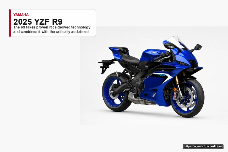 2025 YZF R9 in Icon Blue, front three-quarter view with winglets and five-spoke wheels