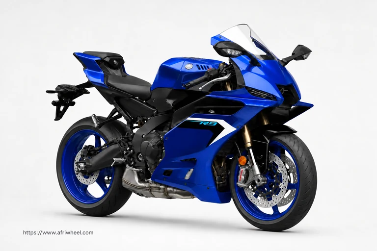 2025 YZF R9 in Icon Blue, front three-quarter view with winglets and five-spoke wheels